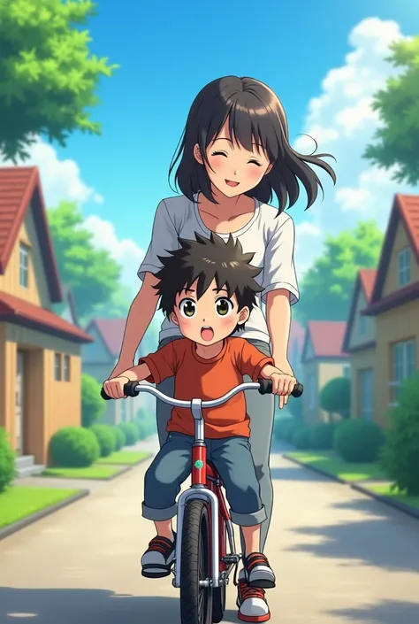  learning how to ride his bicycle and being cheered by his mom (anime themed)