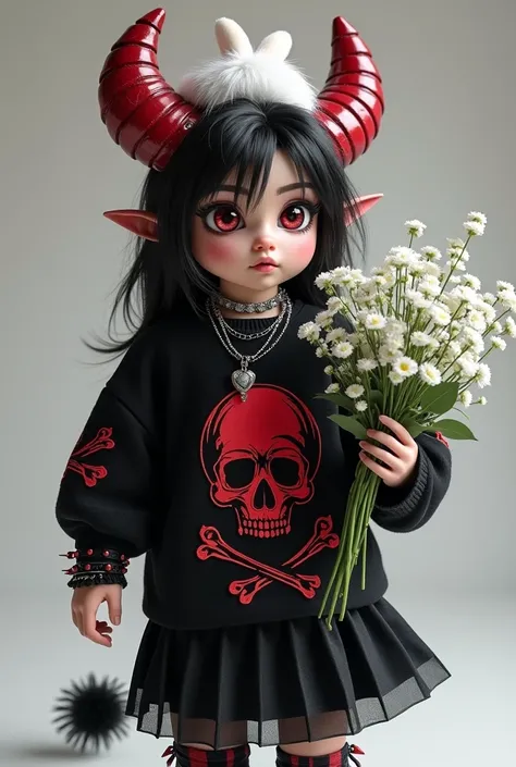  Roblox avatar with red iron horns and with bouquet of white flowers on the right hand with a black emo red skull sweater skirt suit and with a white mega-fluffy tail with black and silver emo punk bracelets and with soft grunge hair with rabbit hat in whi...