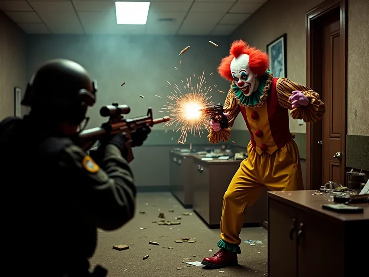 An intense firefight unfolds as the SWAT team engages the clown bank robber inside the dimly lit bank. Bullets ricochet off walls, and sparks fly as the team takes cover behind overturned desks. The clown retaliates with a wild, chaotic expression, firing ...