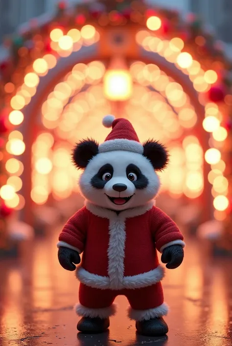 (High quality, 4K, 8K, Kampala, masterpiece:1.2), super detailed, sharp focus, (Realist, photoRealist, photo-Realist:1.37), 3D render, Christmas illumination tunnel, festive lights, no humans, center of the scene featuring a cute panda with a larger head-t...