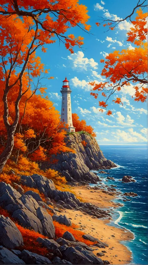 a painting of a lighthouse surrounded by trees on a rocky shore, beautiful painting of a tall, scenery artwork, lighthouse, detailed painting 4 k, scenery art detailed, beautiful painting, beautiful art uhd 4 k, light house, high quality digital painting, ...