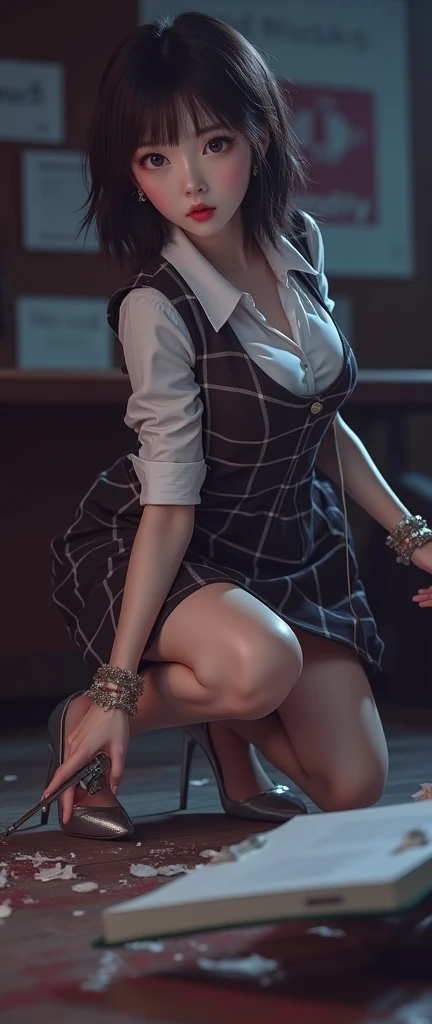 ((Horror depictions:1.9, 32K:1.8, Photographically:1.8,  best quality, masterpiece,  ultra high resolution)),   High Resolution Skin and Face Textures ,  professional low angle camera work,  cinematic lighting , ( A thin and tall Japanese woman :1.0,  sexy...