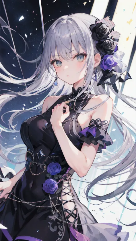 (masterpiece), ( is of the best quality), perfect composition, Clean, 8K, , [1 Girl, 牛仔射击], (minato_Snow vegetable_Bond Dream:1), long grey hair, Sweep the bangs,  Bright eyes , Jewelry, hair_flower, Gothic fashion, slanted shoulder dress , embroidery, ser...