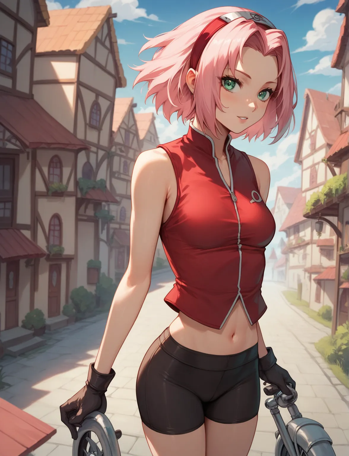 masterpiece, best quality, 1woman, 1girl, anime artworks, haruno sakura, pink hair, short, hair, green eyes, forehead, ((young f...