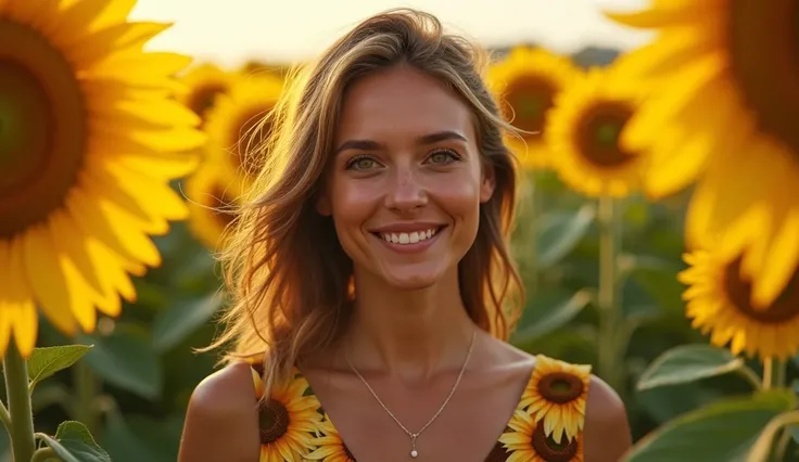  A woman who transmits authenticity and joy in the look of her eyes a sunflower...She is dressed in a dress printed with sunflowers  