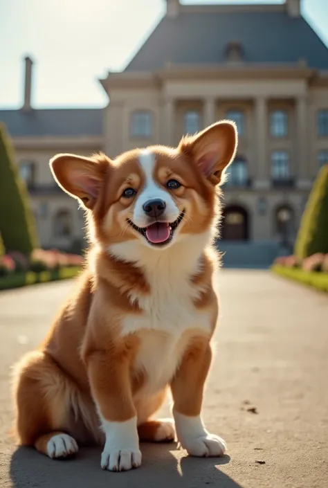 Create a close-up 4K footage of a cute, cheerful  hugging a big brown and white dog with both arms in front of a large, stately building. Beside the building are quite a few ornamental plants. The bright light of noon.