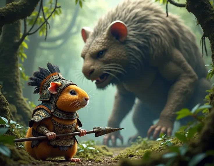 In a forest, an angry guinea pig, dressed as an Inca warrior, armed with a spear, faces a large monster
