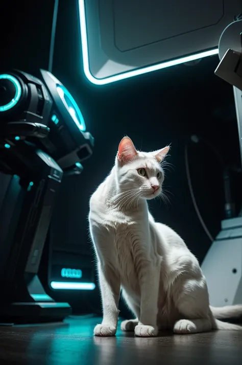 a white cat, parallel universe, alien technology, detailed feline, sharp focus, cinematic lighting, neon colors, futuristic atmosphere, intricate mechanisms, advanced gadgets, surreal landscape, photorealistic, 8k, best quality, masterpiece
