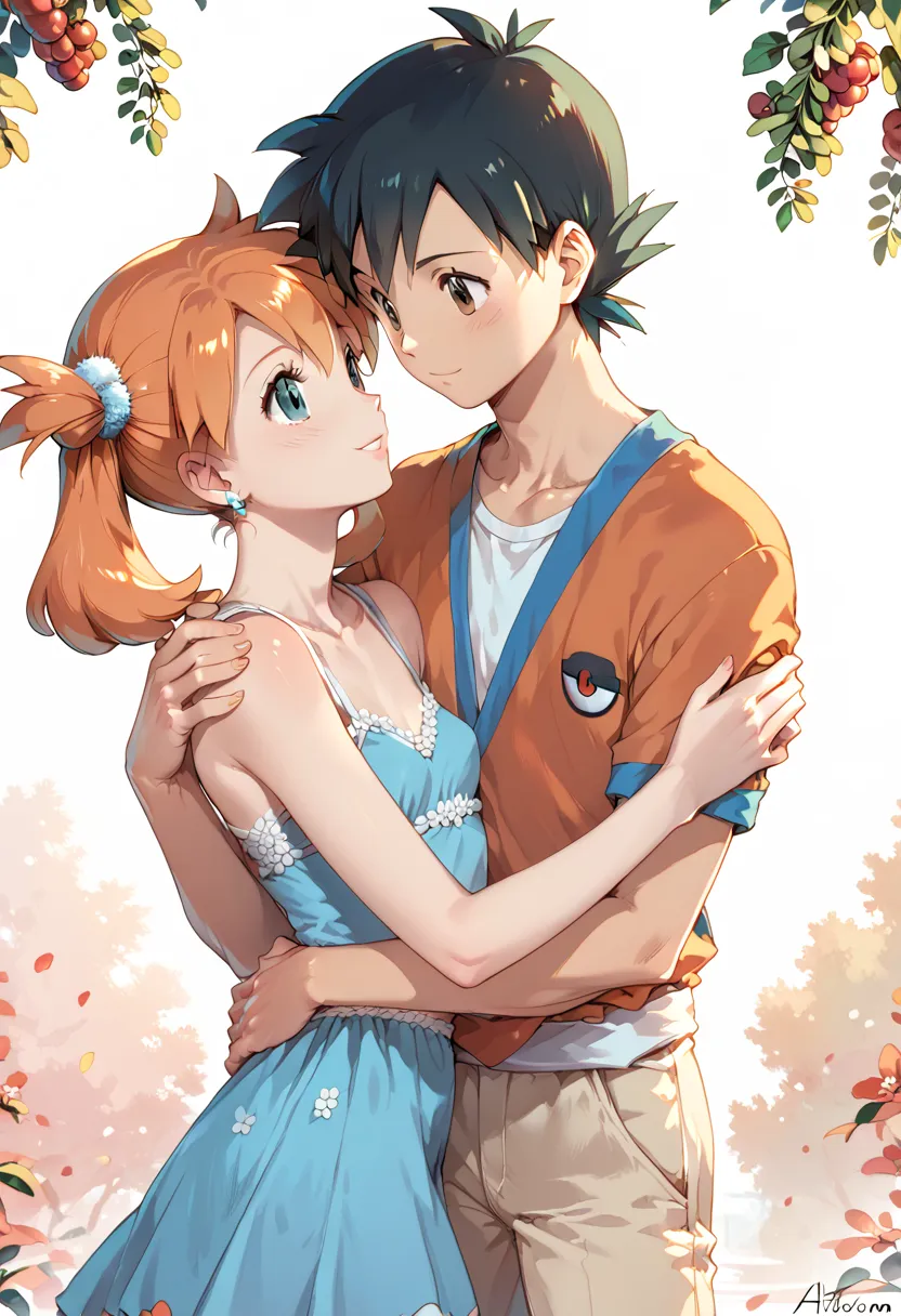 ash_pokemon , black hair, brown eyes.ash ketchum ,1 guy. misty_pokemon , berry short, orange hair, one side up hair ,big green e...