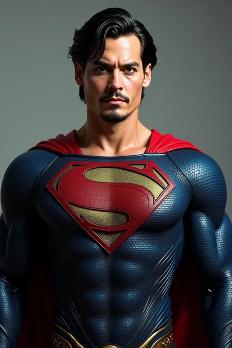 Create the image of renowned actor Jhonny Deep dressed as Superman. The image that is from the waist up  