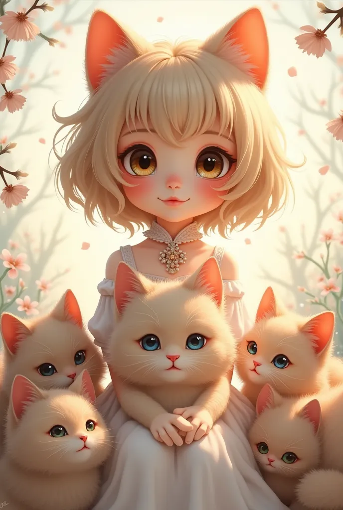 a painting with a girl and two cats and a cat, portrait of a character, popular in the cg community ,  furry art,   lovely detai...