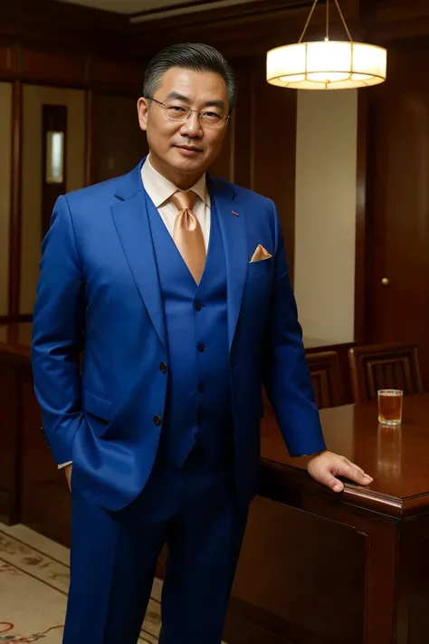 ( high quality , actual ,photo actual :1.37),( is of the best quality,4K,8K, high resolution,masterpiece:1.2),portrait,50-year-old Chinese man, delightful ,50 years,waiter,Father,type,Room ,University classroom, bright and soft lighting, rich color .blue s...