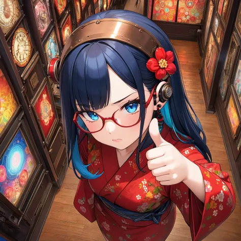 (Best masterpiece, High resolution: 1.5), (8K, RAW photo, Perfect anatomy, Golden ratio, Above the knee shot, From above: 1.4), Pointillism, Professional photo, Japanese idol, (Real: 0.5), (pouting face, thumbs up: 1.5), (floral pattern, red yukata, red gl...