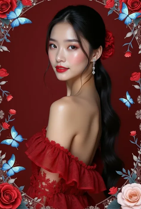 A photo potrait of a beautiful asian woman looking at the camera. long dark hair tied back. wearing a dark red modern luxurious gown, The background is dark red elegantly decorated with red roses, soft white and blue flowers, and vibrant butterflies. The d...