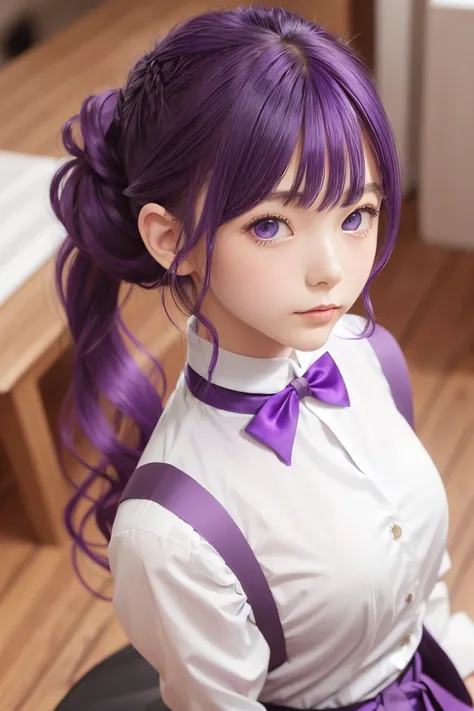 ((Hair color is purple : 1.3)), Her hairstyle is a bun(Chignon),A very large ribbon is tied to, When you remove the ribbon,  hair is long,
With piercing eyes, gothic style clothes with frills dan ribbons