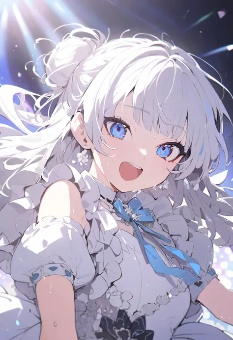 (( best quality)), ((masterpiece)), ( Familiar ),  perfect face, 1 girl, half up bun, twin hair, bob hair, pearl white hair, white hair, white and black, idol dress, cute, beautiful emphasis, long sleeves, fluffy puff sleeves, blue eyes, beautiful face, de...