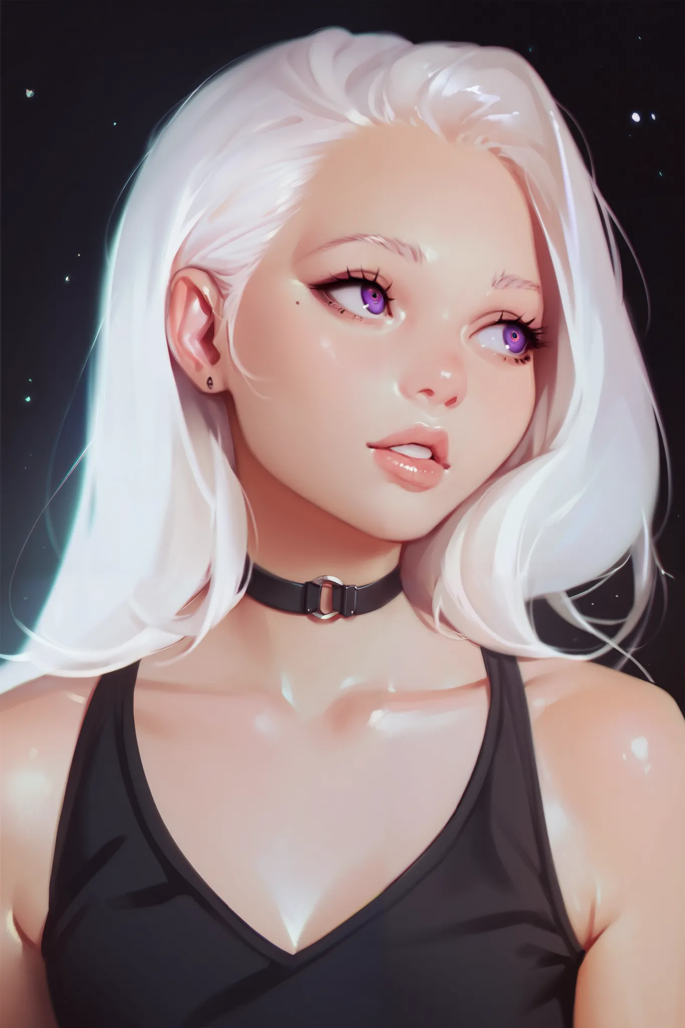 1girl, long white hair, purple eyes, parted lips, wearing black cropped top, looking at camera, detailed, best quality