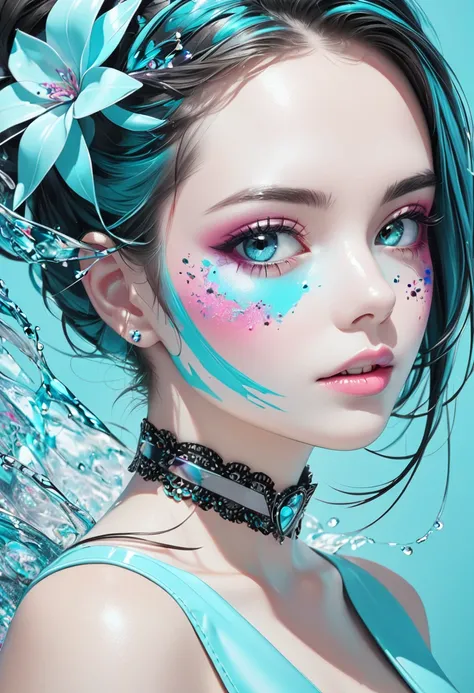 cool beauty with colorful face painting, background unlimited Tiffany Blue, portrait, 2.5D, artistic photography, hyper realistic, BREAK ultra detailed, absolutely resolution, best quality