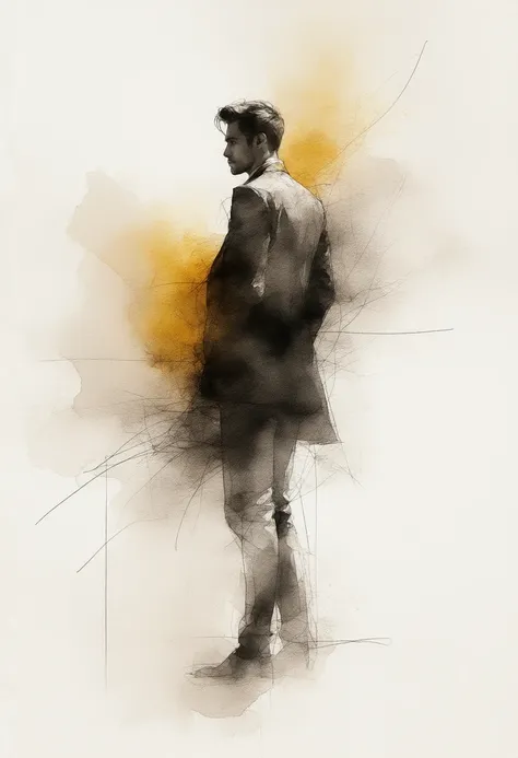 Watercolor sketch , with thick and crossed lines , work of art. of a man, limelight. 
The gray sketch skin. High resolution,   masterpiece,  High resolution, Líneas de movimiento,  The best quality, tall details, text,  beige sketch.