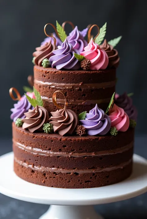 A two tier chocolate cake. Filled with decoration of purple pink and brown and green colour.