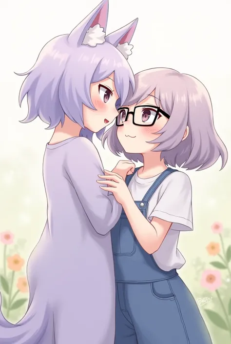  lavender-colored wolf girl with short hair and girl wearing glasses in a white t-shirt and denim overalls、Pastel illustration 