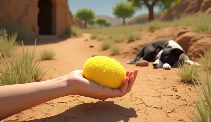 Here is a prompt for generating a similar image:

"A rural outdoor setting with a hand holding a piece of bright yellow sponge or bread in the foreground, and a black-and-white dog resting near a small burrow in the background. The ground is dry and dusty,...