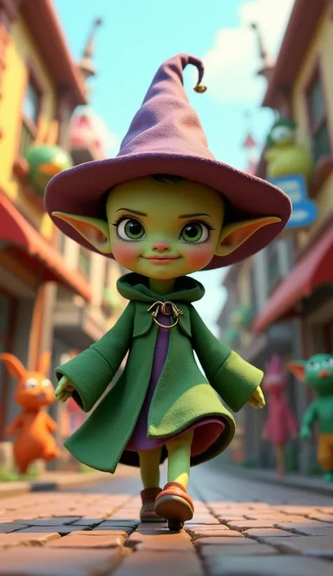 Bald green witch girl in a street 3d animated cartoon