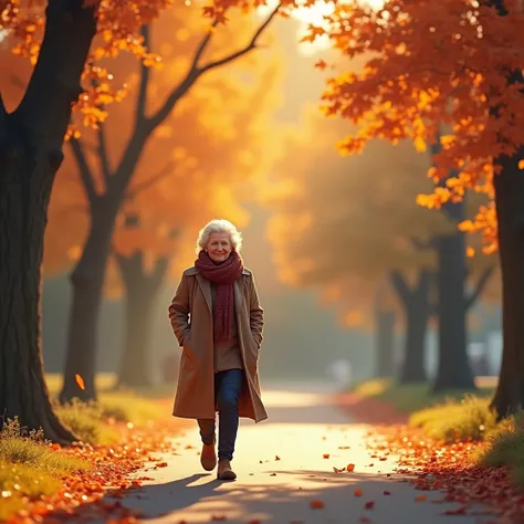 "A realistic scene of an elderly woman enjoying a peaceful walk in an autumn park. She is surrounded by colorful fall foliage, wearing a warm coat and scarf. The sun filters through the trees, casting long shadows and creating a calm atmosphere. The image ...