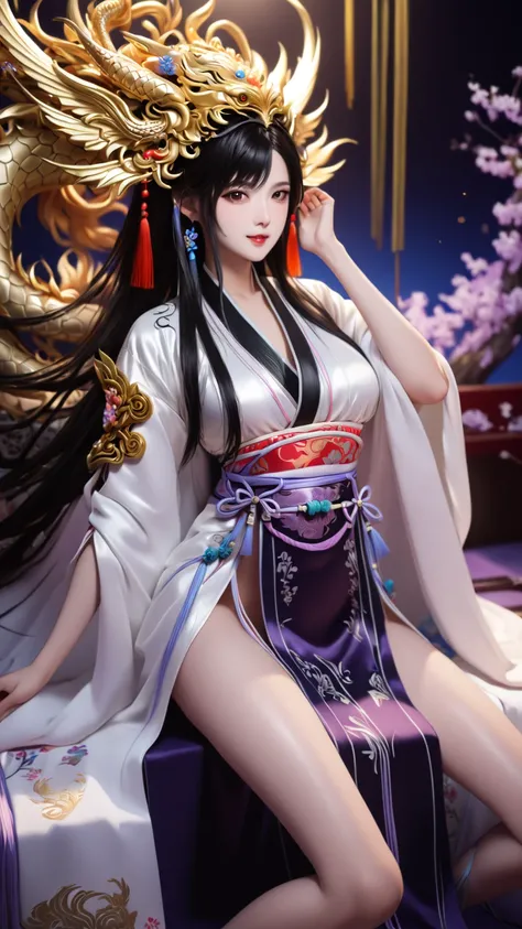 ( perfect detail : 1.5, 8K Wallpaper, masterpiece,  is of the best quality,  super detailed) A woman, Empress, Delicate facial features, Black Hair, Fine Hair, Tie hair, Golden Embroidered Dragon Robe , Hanfu, Sitting on the Dragon Chair, Hands on head, 宫殿...