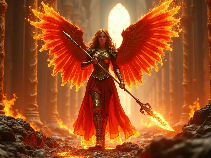 A 70mm lens photograph of a striking a vibrantDB4RZ, full body shot, A valkyrie Freya the Flamewielder, A striking, full-body depiction of Freya, a Valkyrie clad in fiery red and gold armor, shaped like molten lava flows. Her auburn hair burns at the tips ...