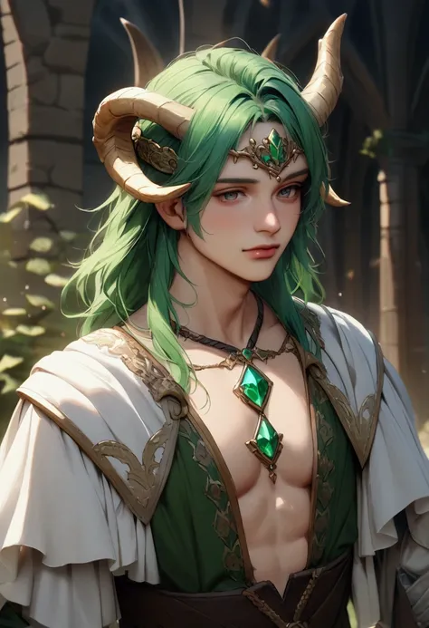 A 27 year old man with green hair and a small green crystal stuck in the middle of his chest. He has dragon horns on his head. Dress up in a fantasy medieval style.