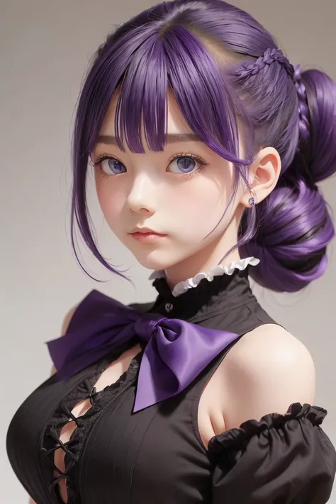 ((Hair color is purple : 1.3)), Her hairstyle is a bun(Chignon),A very large ribbon is tied to, When you remove the ribbon,  hair is long,
With piercing eyes, gothic style clothes with frills dan ribbons, cyber space background