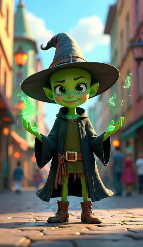 Bald green witch girl on a street 3d animated cartoon