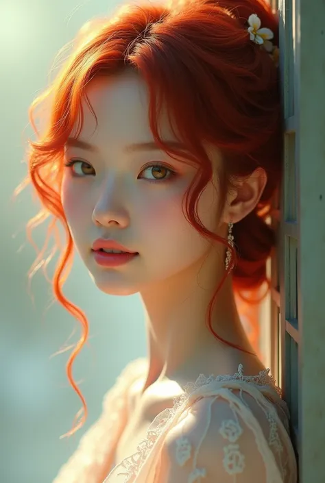 A beautiful girl with red hair who has facial traces of a Japanese girl 