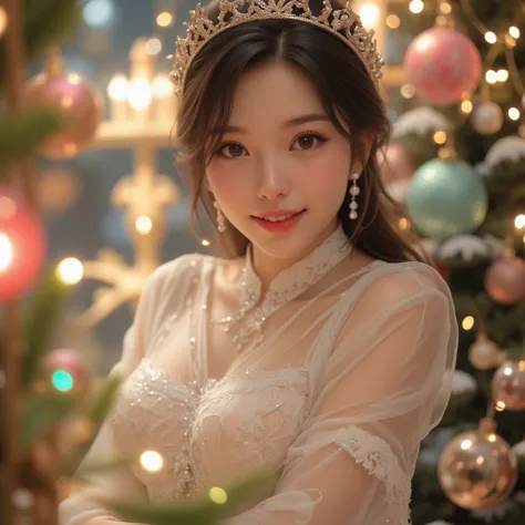  ultra high resolution、 super high definition 。 give an elegant and fantastic look perfect for the festive season {x} stand in front of a fantastic and beautifully lit Christmas shop window、like々Stunning 30-year-old Japanese woman with a cute charm。The sho...