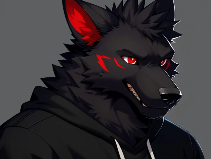 Furries，Black Wolf，Solo，，SIMPLE BACKGROUND，
Detailed Eye，super meticulous，Fine fur texture，CG。Bust portrait。
Sweatshirt，red pupils，tentaculata