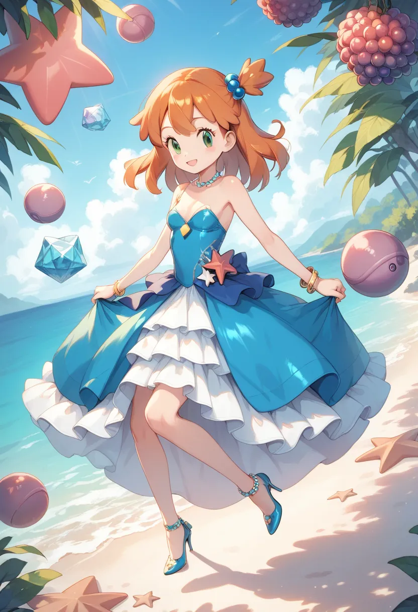 (misty_pokemon)
(berry short,orange hair,one side up hair,big green eyes,small breasts,skinny) ball gown: this is a dress exclus...