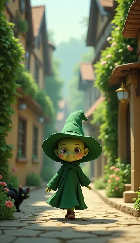 Bald green witch girl walking on a street 3d animated cartoon