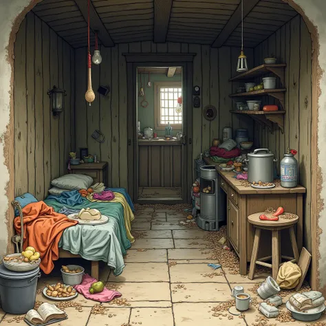 Illustrate the interior of a small, cluttered rural house. Clothes, utensils, and food items are scattered everywhere. A broken stool and a messy bed are also visible.  
