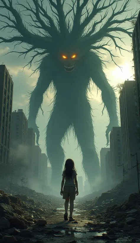 An apocalyptic scene of New York City under attack by a monstrous tree creature with gnarled branches and glowing eyes. The once-iconic skyline is reduced to ruins, with the sun casting an eerie glow over the destruction. A young girl in tattered clothes s...