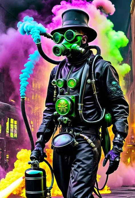 Mad Gasser. Mad Gasser of Mattoon, Wearing a gas mask with tinted goggles, Black hat, black cape, tight black leather suit, Compact backpack sprayer, Whole body all black. Intense LSD art, Trippy Poison gas art