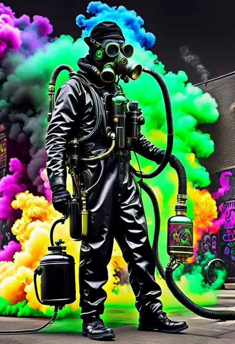 Mad Gasser. Mad Gasser of Mattoon, Wearing a gas mask with tinted goggles, Black hat, black cape, tight black leather suit, Compact backpack sprayer, Whole body all black. Intense LSD art, Trippy Poison gas art