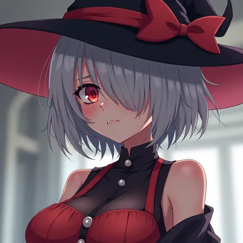 red eyes,  witch hat,  short hair ,  silver hair ,  hair over one eye ,  Large breasts , Tears,  sad,  animated,  full body, from different angles, una mujer de aproximadamente 27 años que hace ejercicio 