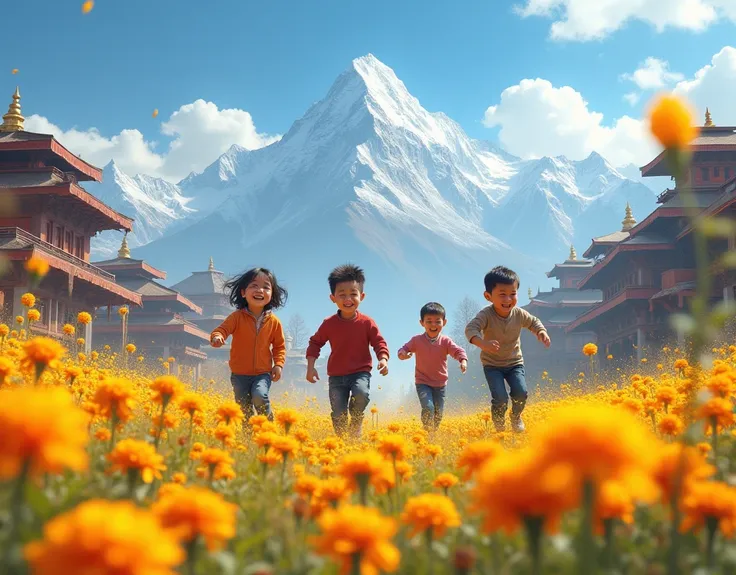  Kathmandu cityscape and Everest mountains in the background、ren are playing in a marigold field