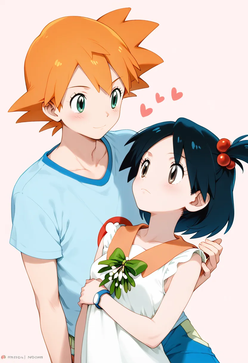 ash_pokemon , black hair, brown eyes.ash ketchum ,1 guy. misty_pokemon , berry short, orange hair, one side up hair ,big green e...