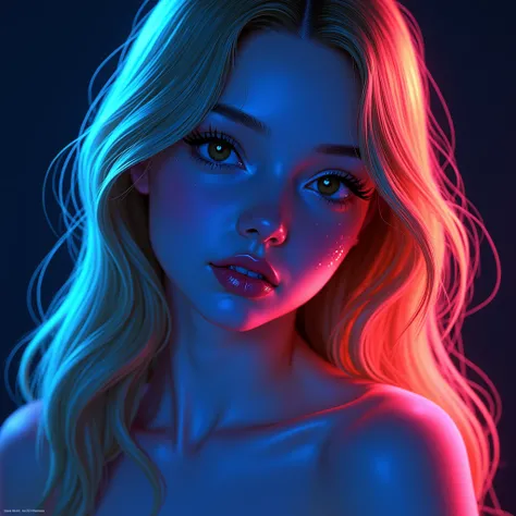  Fluorescent Color ,  1 girl ,Long golden hair, Fluorescent Blue Light , pretty face, The beautiful eyes, (shoulder: 1.2),  upper body, Shiny hair,  Skin Radiation ,  Reduced Reflection,  Finger Proportion , dark, throw,  dynamic view , (((Main part))), ((...