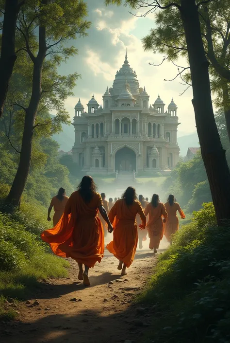 An ultra HD scene showing a group of Brahmins running frantically through a forest, their robes flowing as they head towards a grand palace in the distance. The palace is intricately designed with mythological Indian architecture under a dramatic sky. The ...