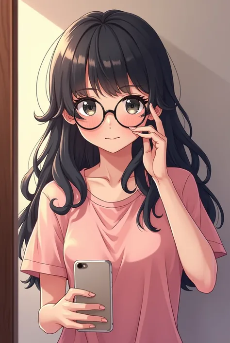  make an anime-style drawing 
Haikyuu and she is a 17-year-old Mexican girl , long wavy black hair and she is wearing glasses  , pastel pink t-shirt , He is taking a picture in front of the mirror his right hand is holding his cell phone and with his left ...