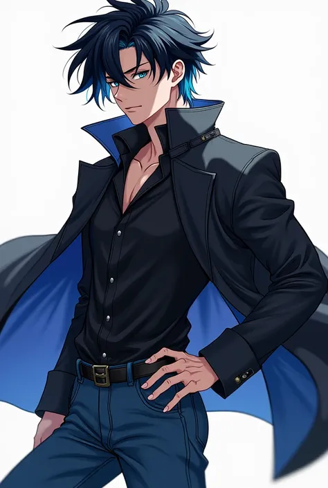 Believe me, an anime boy in a black jacket and with black hair and with a blue lock , con jeans 