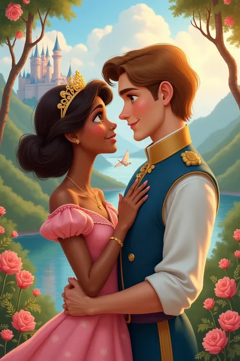 Disney princess and prince style. S with light black skin and short wavy brown hair and brown eyes . With a white-skinned boy with light brown hair and blue green eyes.